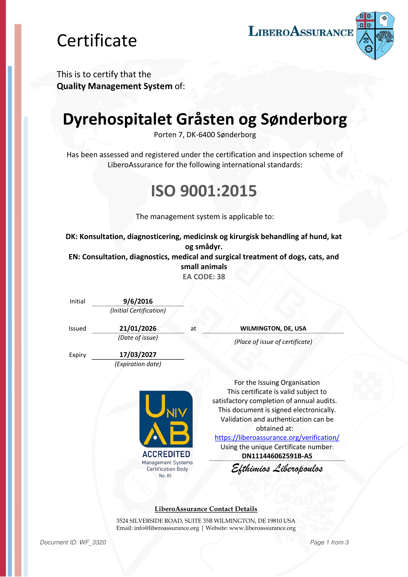ISO 9001-certifikat for Dyrehospitalet Gråsten & Sønderborg, udstedt af LiberoAssurance